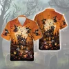 Halloween Flying Witch Men's Hawaiian Shirt, Spooky Witch House Aloha Beach Button-down Shirts, Halloween Signature Clothing