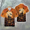 Black Wicked Cat In Witch's Dress Halloween Unisex Hawaiian Shirt, Pumpkin Castle Aloha Beach Button Down Shirts, Spooky Cat Riding Broomstick Shirt