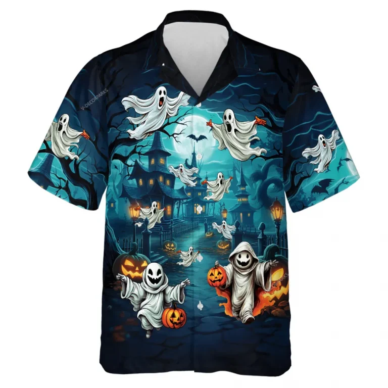 Creepy Flying Ghost Men's Hawaiian Shirt, Halloween Blue Forest Castle Aloha Beach Button-down Shirts, Pumpkin Lantern Patterned Shirt, Halloween Gift