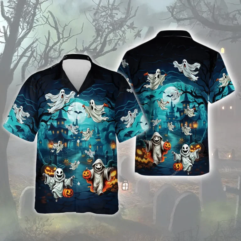 Creepy Flying Ghost Men's Hawaiian Shirt, Halloween Blue Forest Castle Aloha Beach Button-down Shirts, Pumpkin Lantern Patterned Shirt, Halloween Gift