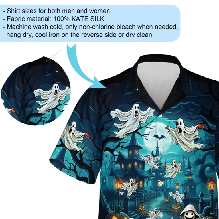 Creepy Flying Ghost Men's Hawaiian Shirt, Halloween Blue Forest Castle Aloha Beach Button-down Shirts, Pumpkin Lantern Patterned Shirt, Halloween Gift