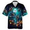 Witch Riding Broomstick Men's Hawaiian Shirt, Spooky Blue Nightfall Aloha Beach Button-down Shirts, Halloween Signature Clothing