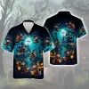 Witch Riding Broomstick Men's Hawaiian Shirt, Spooky Blue Nightfall Aloha Beach Button-down Shirts, Halloween Signature Clothing