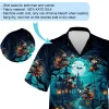 Witch Riding Broomstick Men's Hawaiian Shirt, Spooky Blue Nightfall Aloha Beach Button-down Shirts, Halloween Signature Clothing