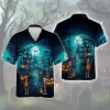 Halloween Funny Skeleton Hawaiian Shirt For Men And Women, Blue Halloween Pumpkin Aloha Beach Shirts, Moonlight Halloween Party Wear