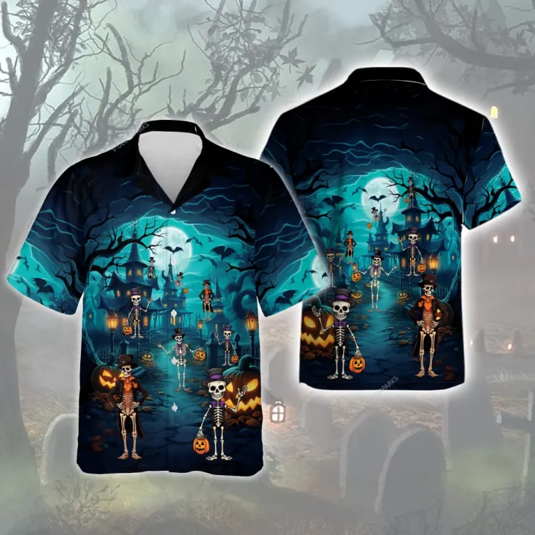 Halloween Funny Skeleton Hawaiian Shirt For Men And Women, Blue Halloween Pumpkin Aloha Beach Shirts, Moonlight Halloween Party Wear