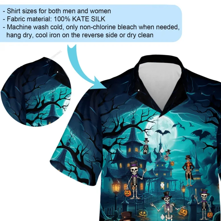 Halloween Funny Skeleton Hawaiian Shirt For Men And Women, Blue Halloween Pumpkin Aloha Beach Shirts, Moonlight Halloween Party Wear