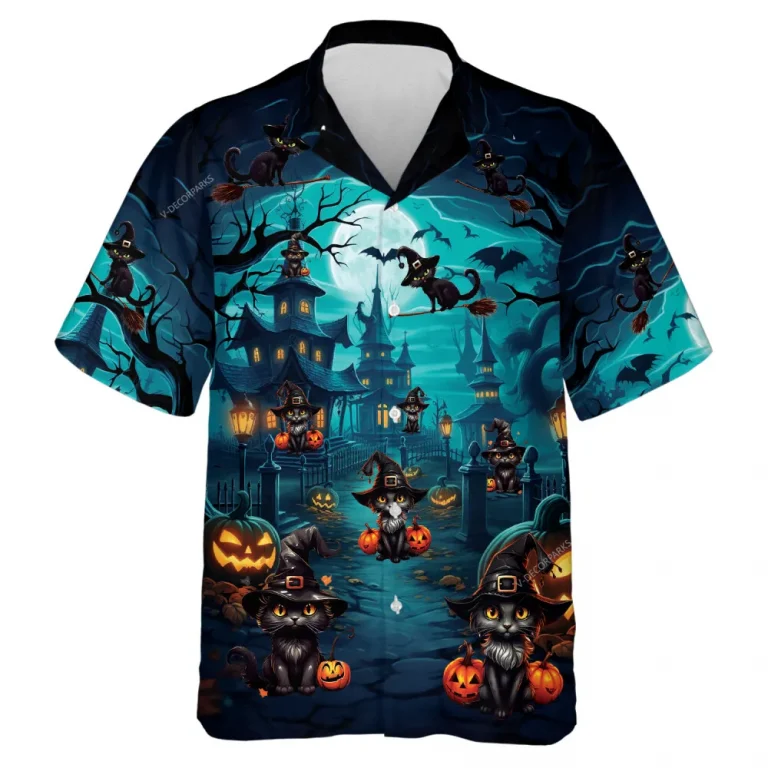 Black Cruel Cat In Witch's Clothing Halloween Unisex Hawaiian Shirt, Blue Moonlight Pumpkin Castle Aloha Shirts, Spooky Cat Riding Broomstick Shirt