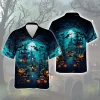 Black Cruel Cat In Witch's Clothing Halloween Unisex Hawaiian Shirt, Blue Moonlight Pumpkin Castle Aloha Shirts, Spooky Cat Riding Broomstick Shirt