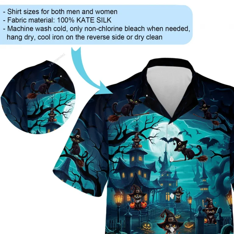 Black Cruel Cat In Witch's Clothing Halloween Unisex Hawaiian Shirt, Blue Moonlight Pumpkin Castle Aloha Shirts, Spooky Cat Riding Broomstick Shirt