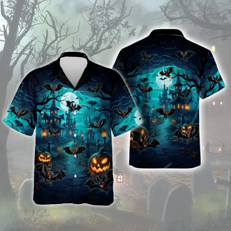 Mysterious Witch Sign In Blue Moonlight Halloween Hawaiian Shirt, Horror Forest House Aloha Button-down Shirts, Flying Bat Printed Shirt For Halloween