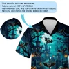 Mysterious Witch Sign In Blue Moonlight Halloween Hawaiian Shirt, Horror Forest House Aloha Button-down Shirts, Flying Bat Printed Shirt For Halloween