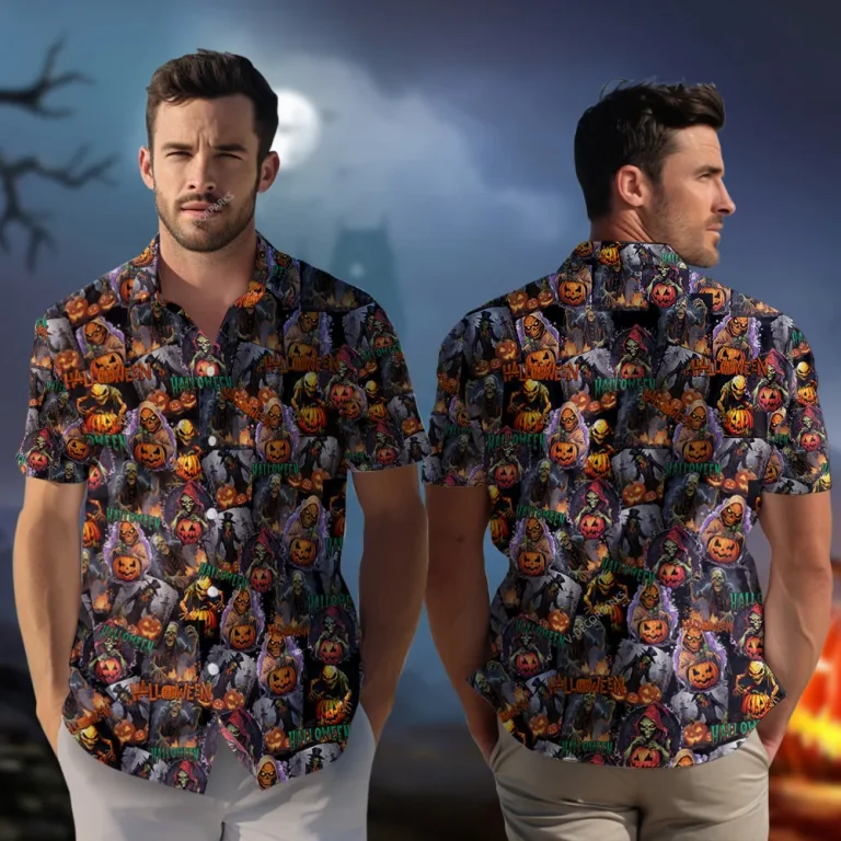 Multiple Creepy Pumpkin Halloween Unisex Hawaiian Shirt, Scary Lantern Halloween Aloha Beach Button-down Shirt, Monster Printed Clothing