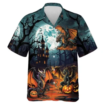 Halloween Grumpy Dragon Men Hawaiian Shirt, Witch House Guardians Aloha Beach Button-down Shirts, Spooky Moonlight Forest Printed Hawaii Shirt