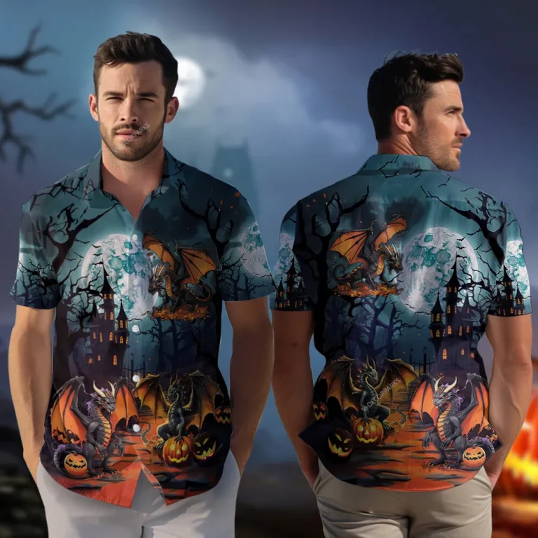 Halloween Grumpy Dragon Men Hawaiian Shirt, Witch House Guardians Aloha Beach Button-down Shirts, Spooky Moonlight Forest Printed Hawaii Shirt