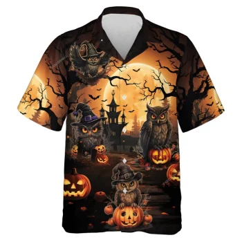 Witch Owl Halloween Unisex Hawaiian Shirt, Spooky Halloween Night Aloha Beach Shirts, Night Forest Patterned Men's Wear, Pumpkin Lantern Printed Top