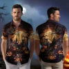 Witch Owl Halloween Unisex Hawaiian Shirt, Spooky Halloween Night Aloha Beach Shirts, Night Forest Patterned Men's Wear, Pumpkin Lantern Printed Top