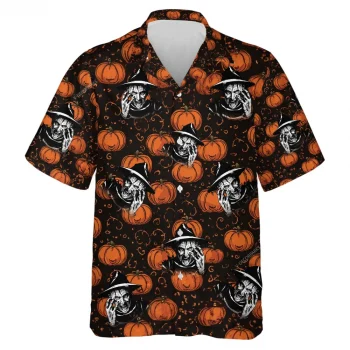 Creepy Horror Male Unisex Hawaiian Shirt, Halloween Decorated Aloha Beach Button Down Shirts, Pumpkin Field Printed Clothing