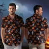 Creepy Horror Male Unisex Hawaiian Shirt, Halloween Decorated Aloha Beach Button Down Shirts, Pumpkin Field Printed Clothing