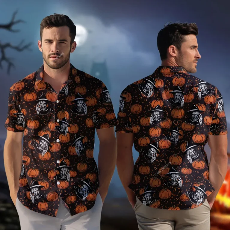 Creepy Horror Male Unisex Hawaiian Shirt, Halloween Decorated Aloha Beach Button Down Shirts, Pumpkin Field Printed Clothing