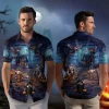 Halloween Cute Pink Pig Men Hawaiian Shirt, Wicked Pumpkin Light Aloha Beach Shirts, Men's Casual Wear, Forest House Printed Clothing