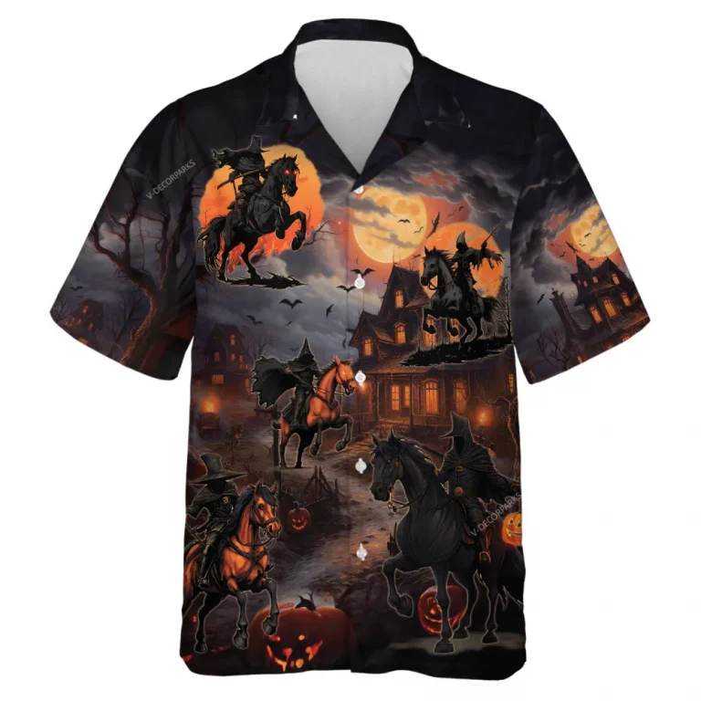 Headless Knight Unisex Hawaiian Shirt, Halloween Creepy Night Aloha Beach Shirts, Men's V-neck Button-down Shirt, Horseman Printed Clothing