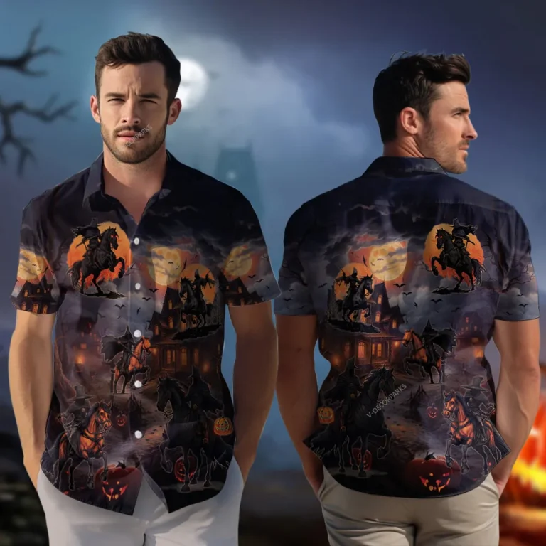 Headless Knight Unisex Hawaiian Shirt, Halloween Creepy Night Aloha Beach Shirts, Men's V-neck Button-down Shirt, Horseman Printed Clothing