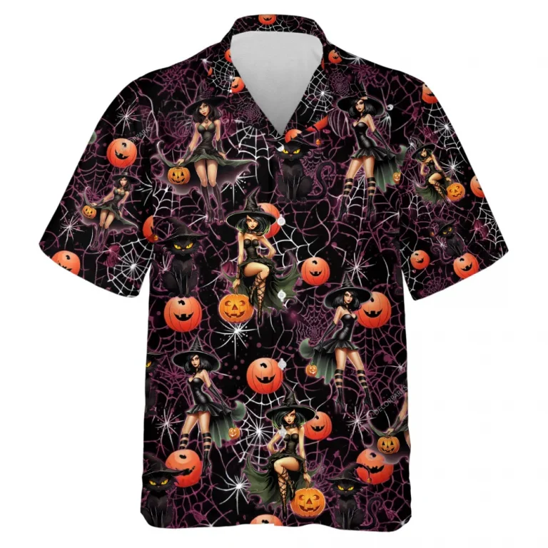 Pretty Witch Lady Halloween Men Hawaiian Shirt, Spider Web Aloha Beach Shirts, Halloween Night Men's Button-down Top, Casual Men's Wear