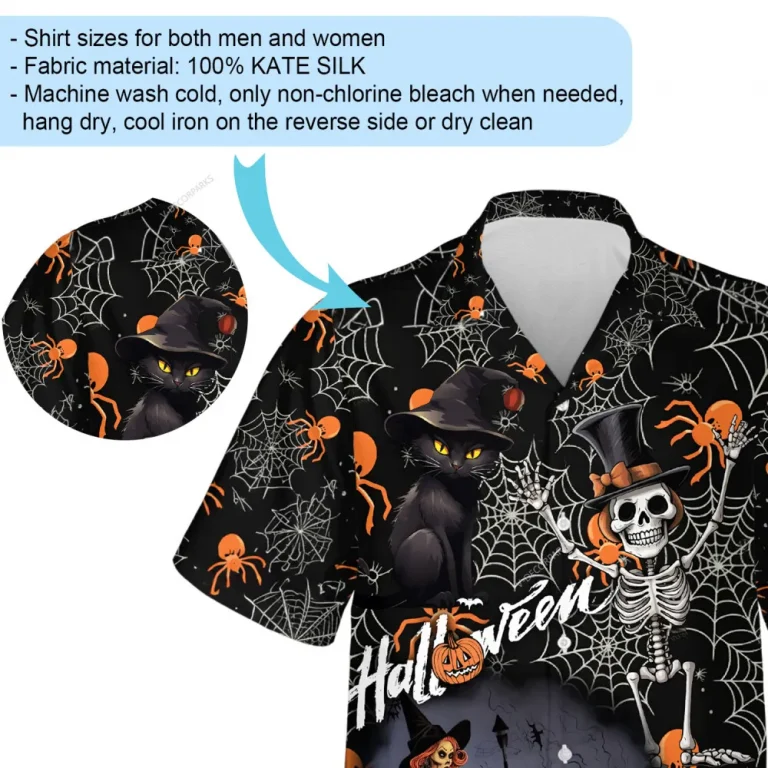 Funny Halloween Magical Skeleton And Wicked Cat Hawaiian Shirt, Beautiful Witch Halloween Aloha Beach Button-down Shirts, Halloween Family Clothing