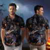 Funny Halloween Magical Skeleton And Wicked Cat Hawaiian Shirt, Beautiful Witch Halloween Aloha Beach Button-down Shirts, Halloween Family Clothing