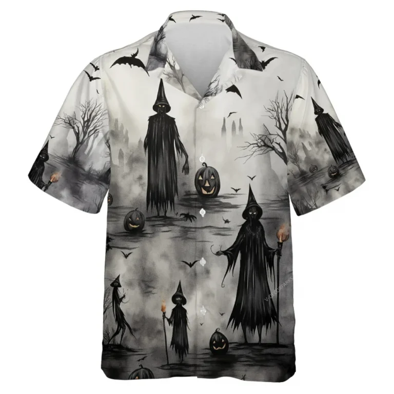 Spooky Dark Spirits Holding Fire Wand Halloween Men Hawaiian Shirt, Scary Monogram Halloween Aloha Beach Button Down Shirts, Casual Men's Wear