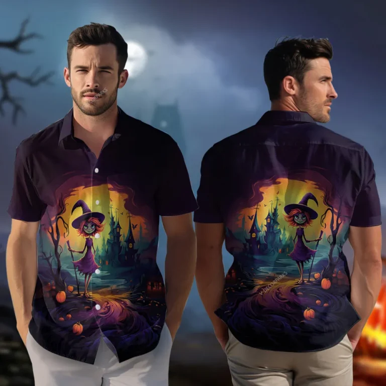 Young Witch Halloween Unisex Hawaiian Shirt, Spooky Forest Night Aloha Beach Button-down Shirts, Scary Mysterious Castle Printed Clothing