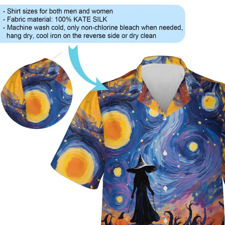 Witch In Masterpiece Halloween Men Hawaiian Shirt, Horror Halloween Starry Night Aloha Beach Button-down Shirts, Casual Men's Wear