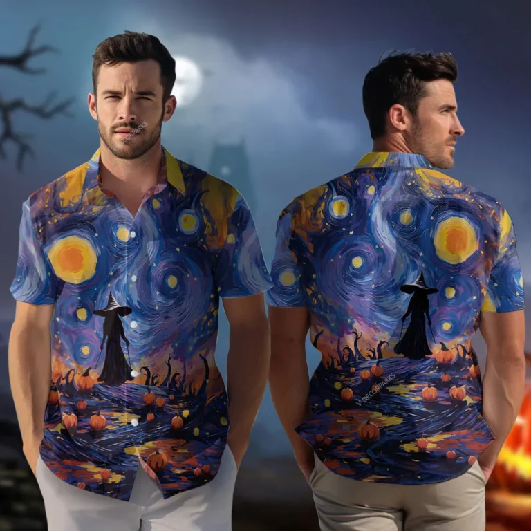 Witch In Masterpiece Halloween Men Hawaiian Shirt, Horror Halloween Starry Night Aloha Beach Button-down Shirts, Casual Men's Wear