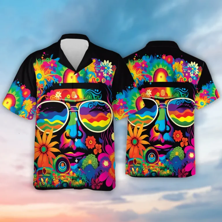 Hippie Man Wears Glasses Printed Hawaiian Printed Shirt, Rainbow Floral Hippie Aloha Beach Shirts, Flower Lovers Gift, Daily Clothing