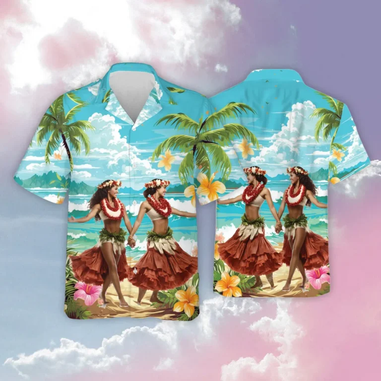 Hula Couple Travel Unisex Hawaii Shirt, Summer Aloha Beach Shirts, Mens Button Down Hawaiian Shirt, Tropical Flower Printed Top