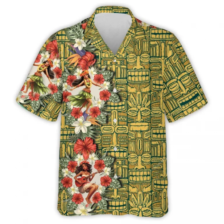 Hula Girl Dancing Hawaiian Shirt For Men Women, Tiki Patterned Aloha Beach Shirts, Tropical Beach Travel Men's Button Down Shirt, Everyday Clothing