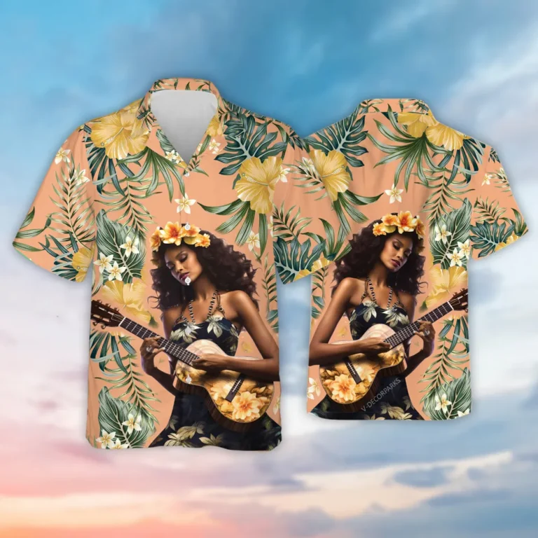 Hula Pretty Guitarist Unisex Hawaiian Shirt, Tropical Nature Aloha Beach Shirts, Flower Printed Men's Button Down Shirt, Clothing For Men And Women