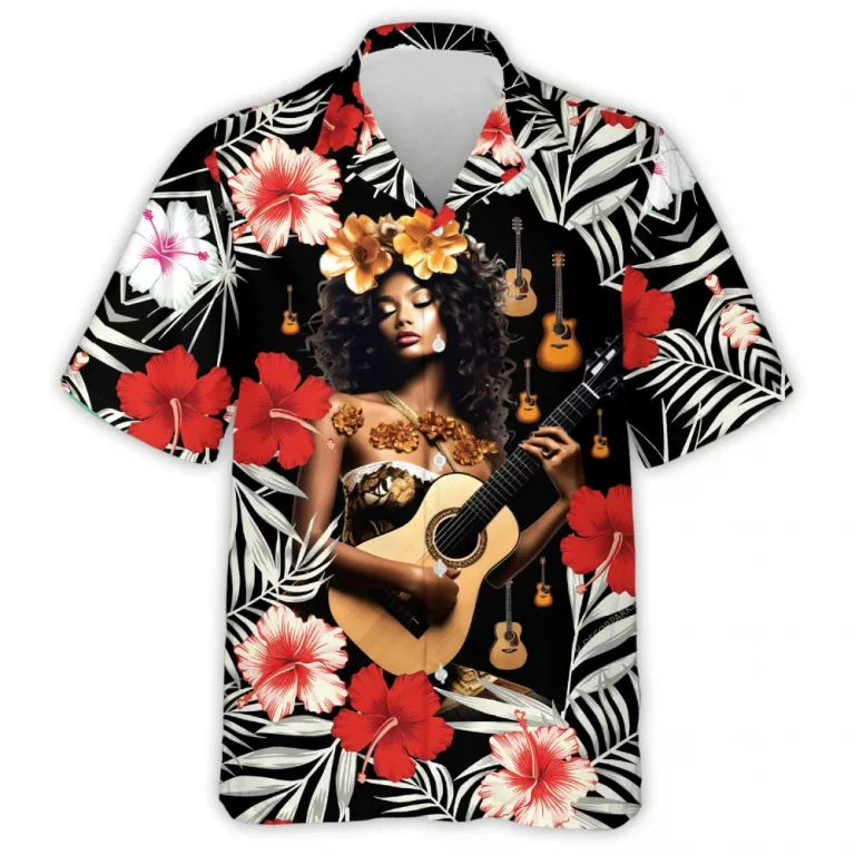 Hula Girl Plays Music Hawaiian Shirt For Men Women, Guitar Lover Aloha Beach Shirts, Vintage Men's Button Down Shirt, 80s Inspired Clothing