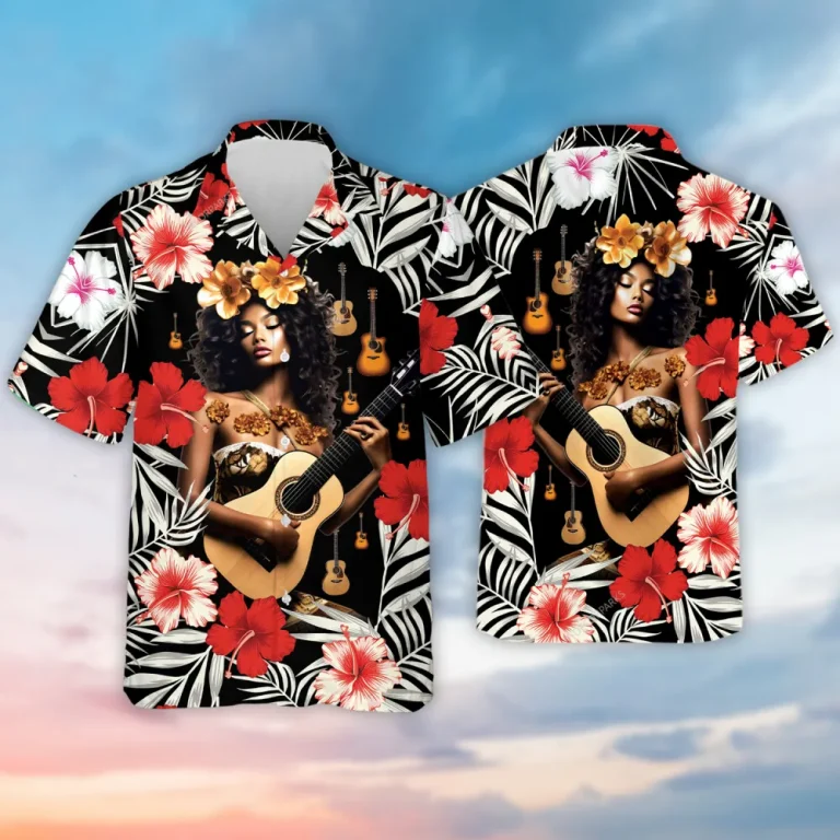 Hula Girl Music Hawaiian Shirt For Men Women - Guitar Lover Aloha Beach Shirts, Mens Button Down Shirt