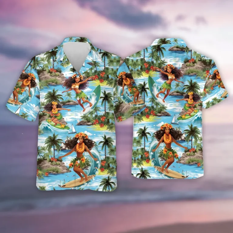 Hula Girl Surfing Hawaiian Shirt For Men Women, Tropical Summer Sport Aloha Beach Shirts, Unisex Button Down Shirt, Couple Travel Clothing