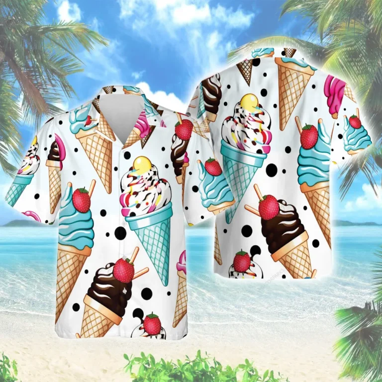Colorful Ice Cream Unisex Hawaiian Shirt, Pocket Cookies Summer Aloha Beach Shirts For Men Women, Ice Cone Button Down Shirt For Everyone