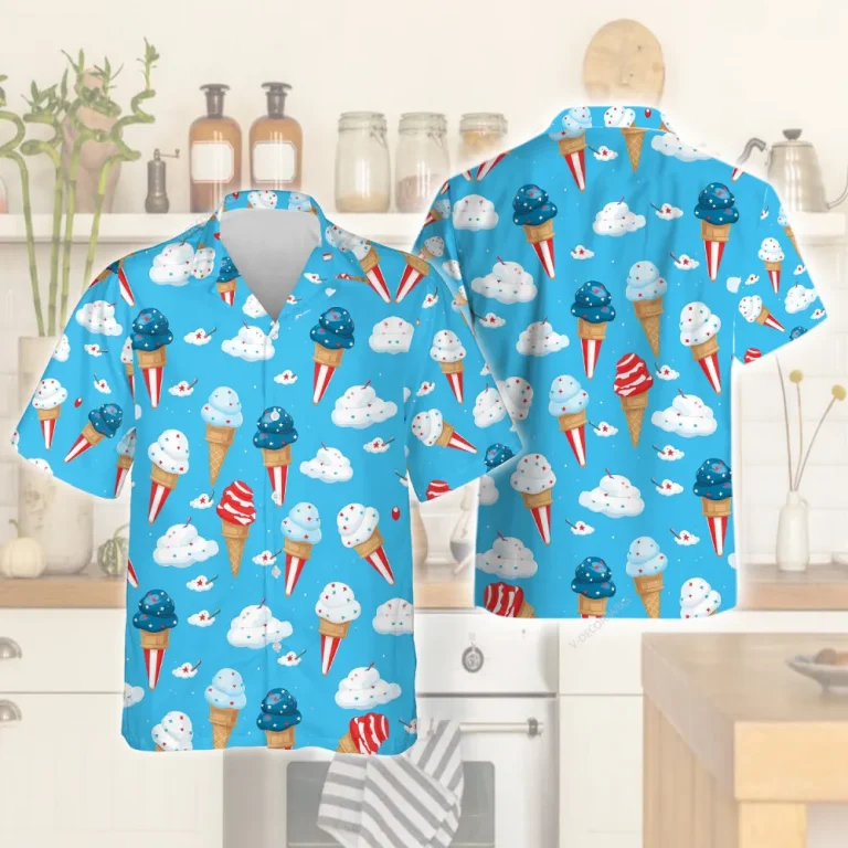 Cloudy Ice Cream Hawaiian Shirt For Men Women, American Flag Design Unisex Aloha Shirts, Beach Travel Family Button Down Shirt