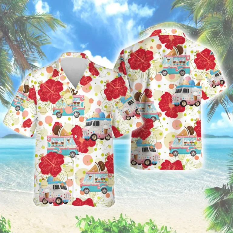 Ice Cream Truck Printed Hawaii Shirt For Everyone, Hibiscus Floral Summer Beach Shirts, Tropical Travelling Unisex Aloha Shirt