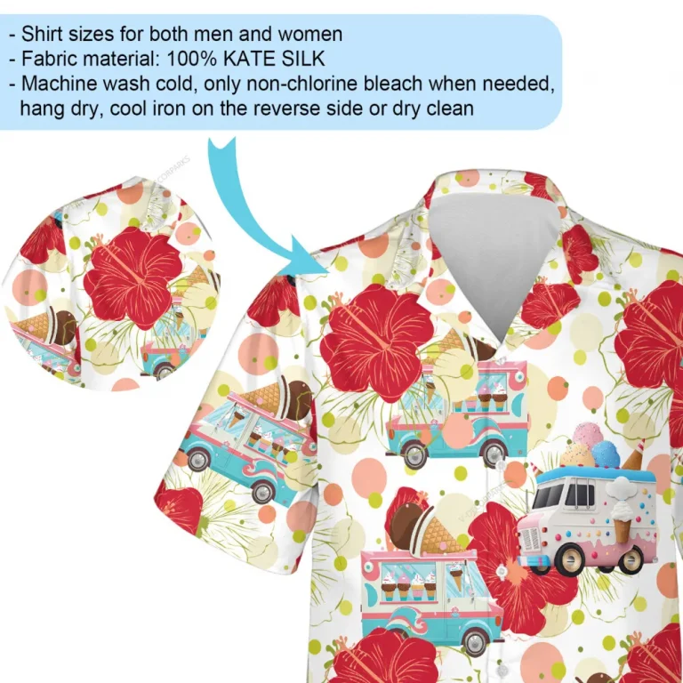 Ice Cream Truck Printed Hawaii Shirt For Everyone, Hibiscus Floral Summer Beach Shirts, Tropical Travelling Unisex Aloha Shirt