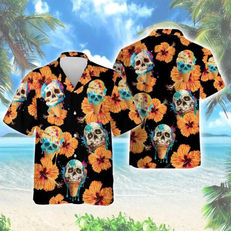 Scary Skull Ice Cream Hawaiian Shirt For Men Women, Tropical Hibiscus Forest Aloha Beach Shirts, Summer Holiday Best Group Clothing