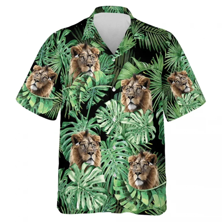 Tropical Region Lion Species Men's Hawaiian Shirt, Forest King Lover Aloha Printed Shirts, Vibrant Leaves Printed V-neck Top, Animal Pattern Clothing