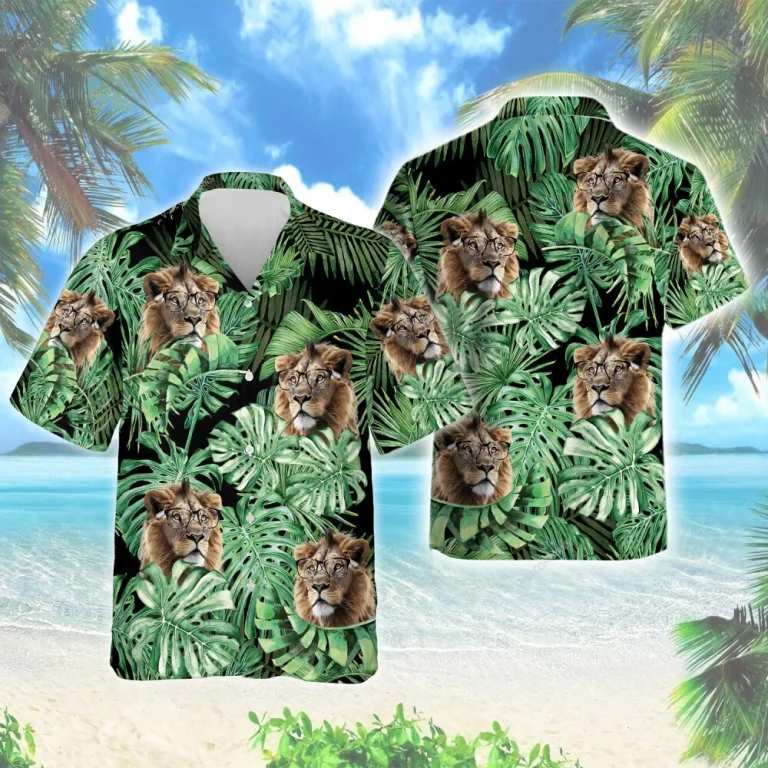 Tropical Region Lion Species Men's Hawaiian Shirt, Forest King Lover Aloha Printed Shirts, Vibrant Leaves Printed V-neck Top, Animal Pattern Clothing