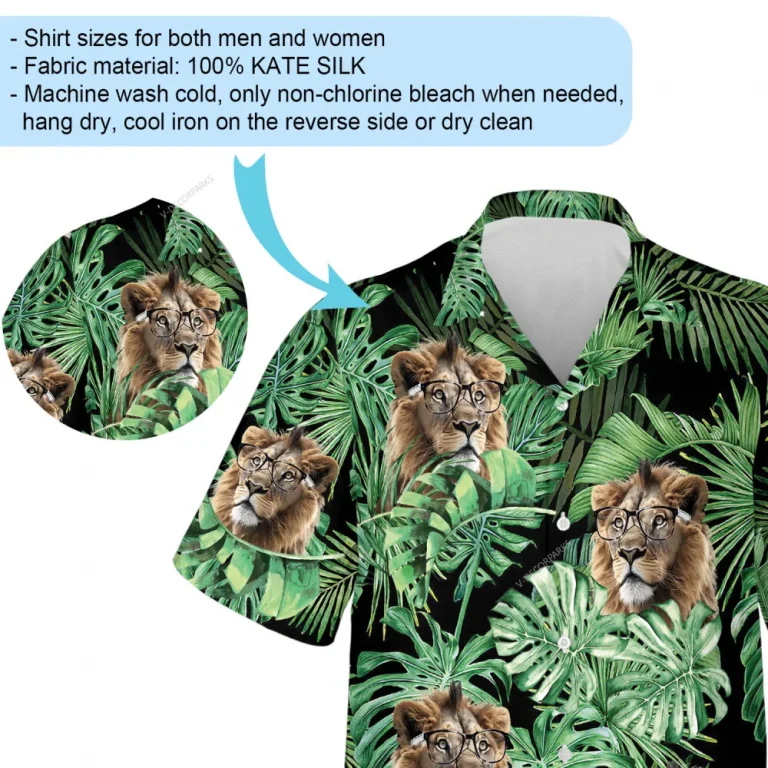 Tropical Region Lion Species Men's Hawaiian Shirt, Forest King Lover Aloha Printed Shirts, Vibrant Leaves Printed V-neck Top, Animal Pattern Clothing