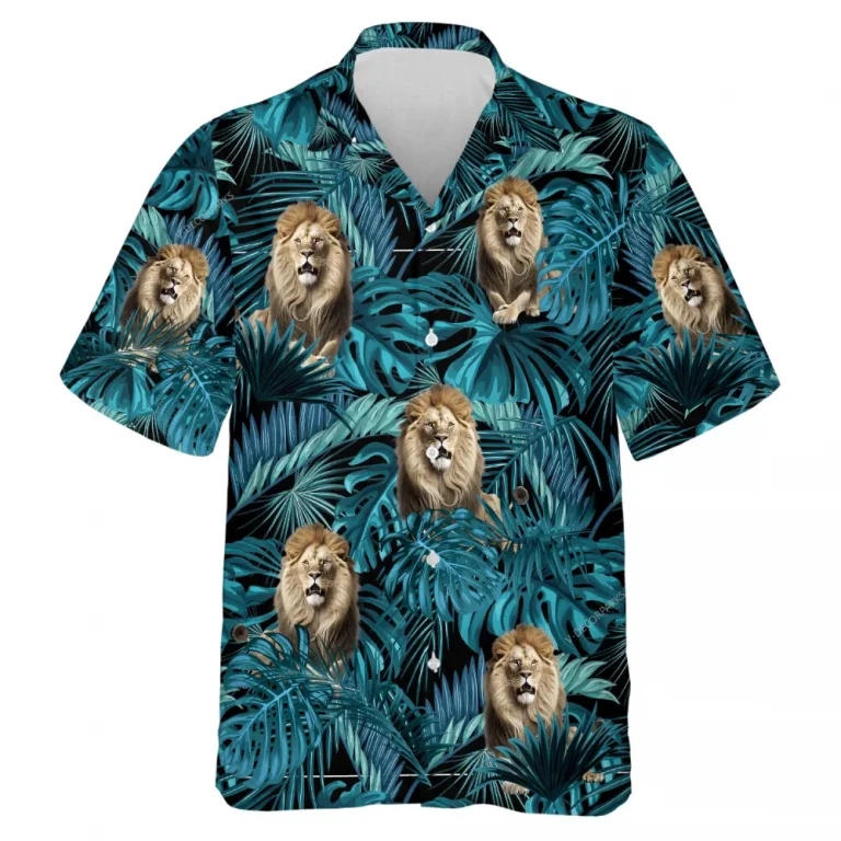 Tropical Forest Lion Aloha Shirt, Summer Hawaii Button Down Shirt, Fierce Roaring Wildcat Printed Clothing, Leaves Pattern Top, Unisex Wear